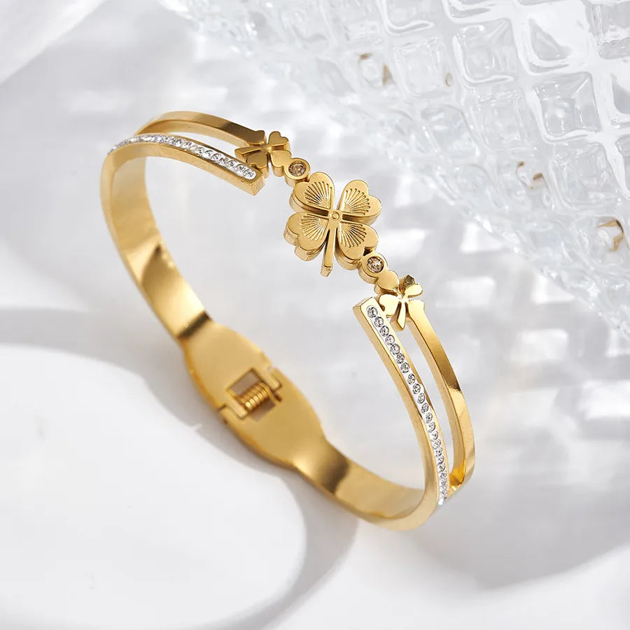 18K Gold Four Leaf Clover Open Bangle Bracelet C (inner Diameter: About 58x48mm) 1 Pc Package