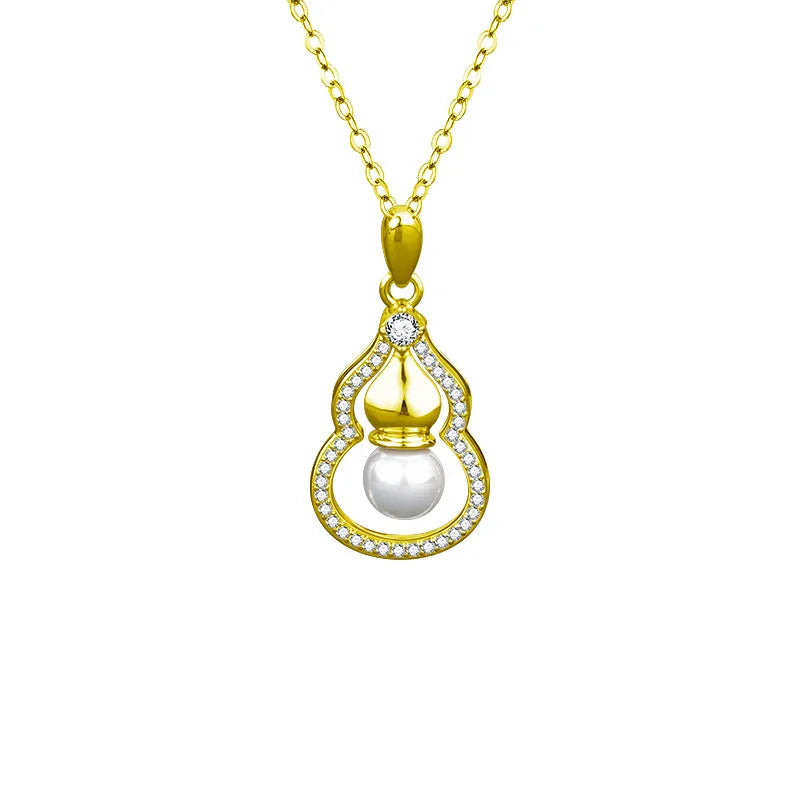 925 Silver Pearl & Moissanite Gourd Pendant Necklace Pearl Gourd Necklace (Gold) 925 Silver (2.5mm Moissanite 6mm Shell Beads)