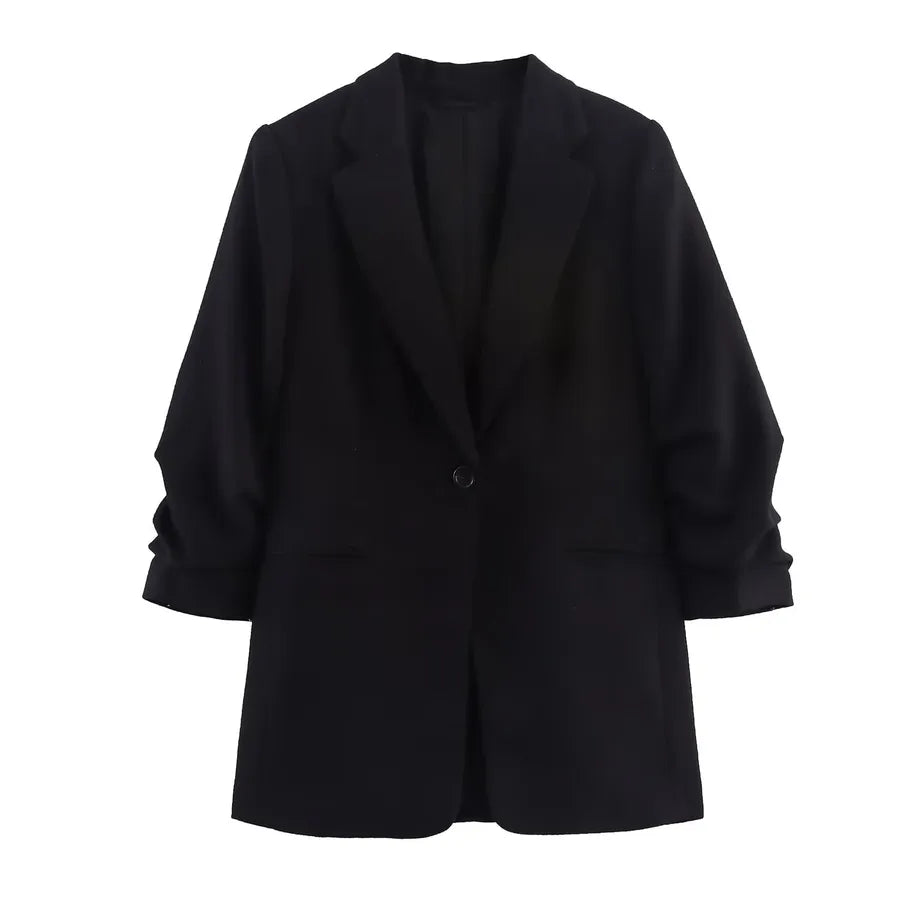 Elegant Pleated Sleeve Women's Blazer Black