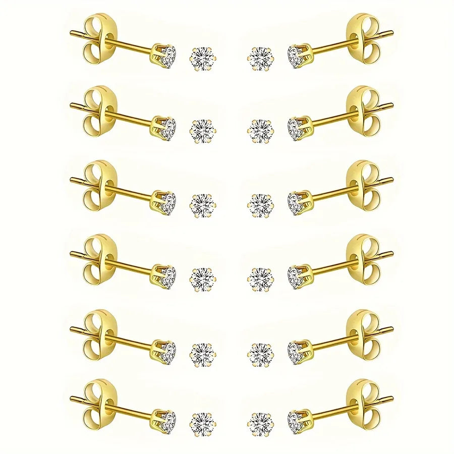 Unisex 12-Pair Stainless Steel Stud Earrings Set Gold 3mm12 Pairs