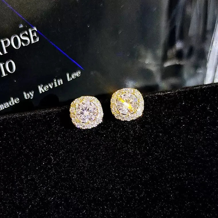 925 Sterling Silver Geometric Zircon Stud Earrings Golden 7.5mm 925 Silver