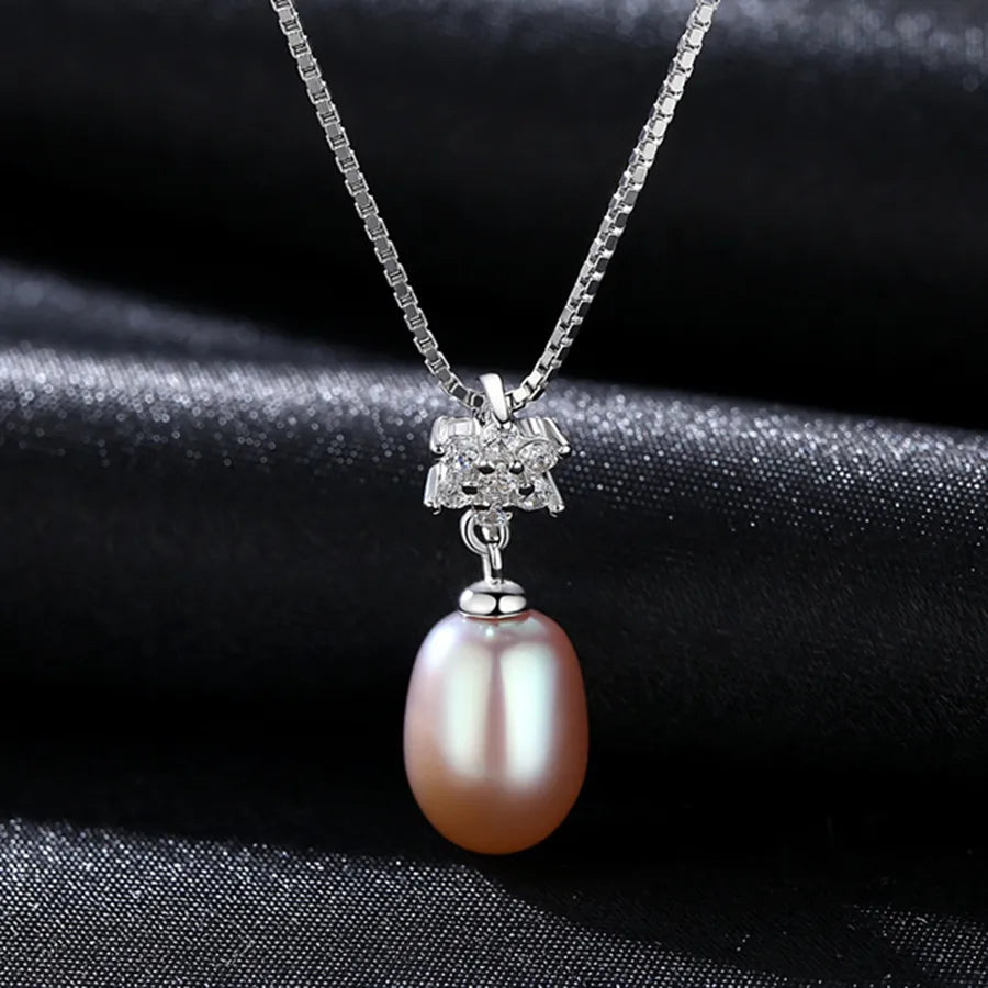 925 Silver Pearl & Zircon Flower Pendant Necklace Purple Freshwater Pearl Silver