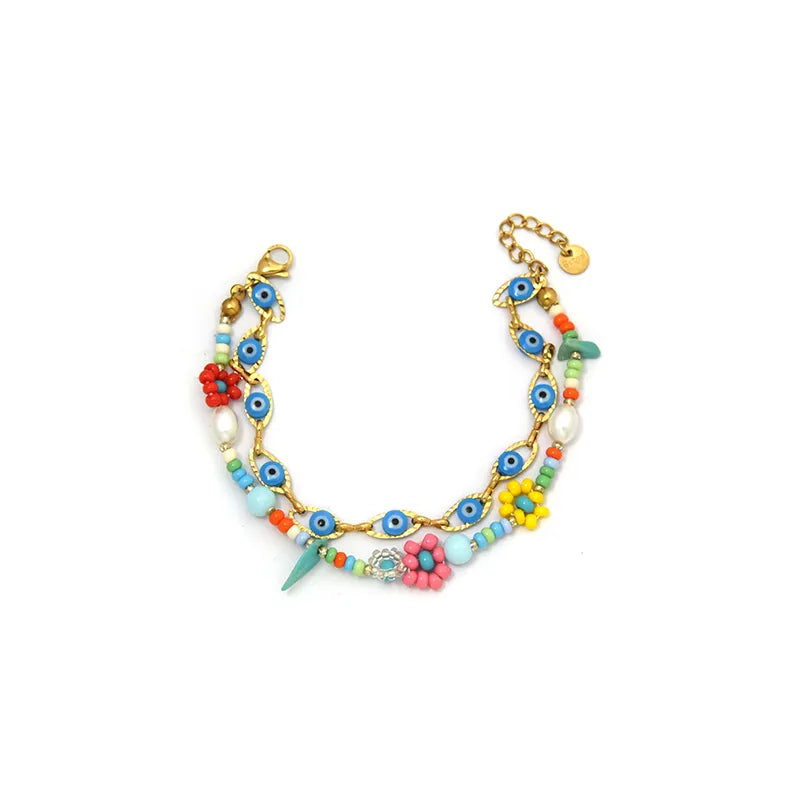 18K Gold Boho Eye & Flower Double Layer Bracelet BH0157-02-lightblue