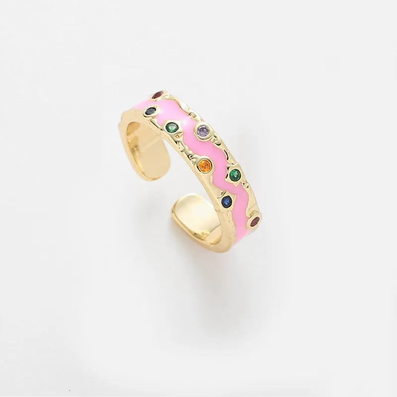 Colorful Enamel Open Ring for Women Multicolor Oil Drop Inlaid Diamond Ring Pink Sold Individually