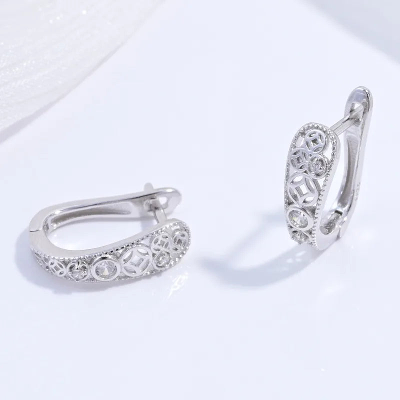 925 Silver U-Shaped Zircon Gold Plated Earrings White Gold Color White Diamond Hollow Coin Earrings