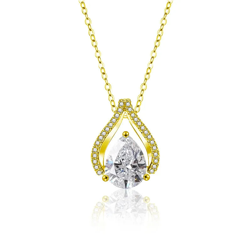 S925 Silver Moissanite Ocean Heart Pendant Necklace Water Drop Necklace (Gold) 1.25 Carat Moissanite