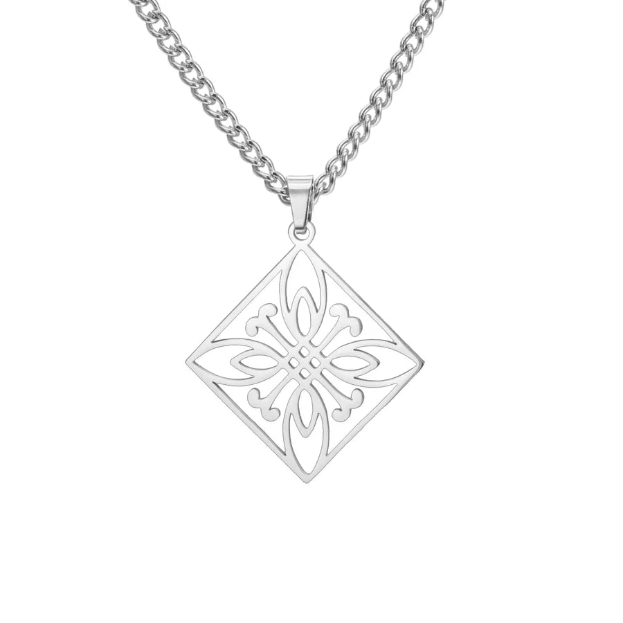 Stainless Steel Celtic Tree & Lotus Pendant Necklace Steel Color Square Flower