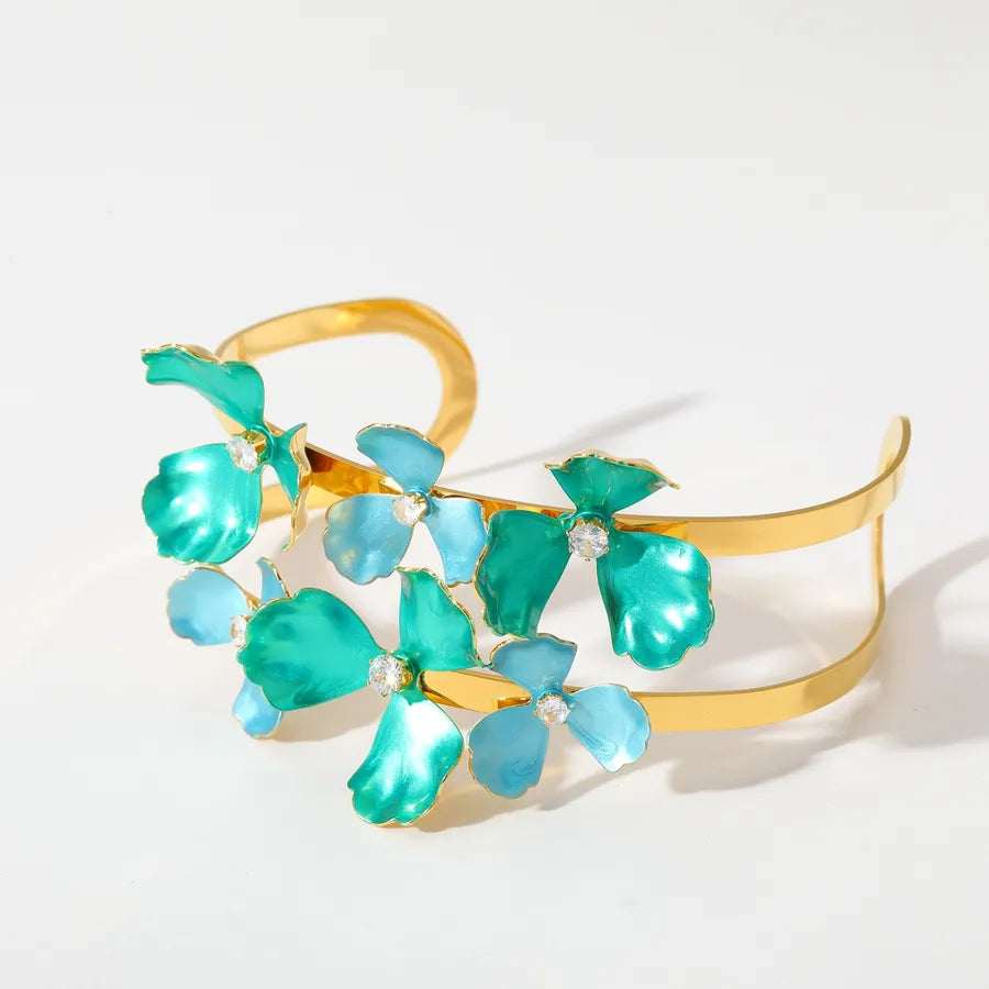 18K Gold Plated Flower Zircon Stainless Steel Bracelet 4-Adjustable-Green