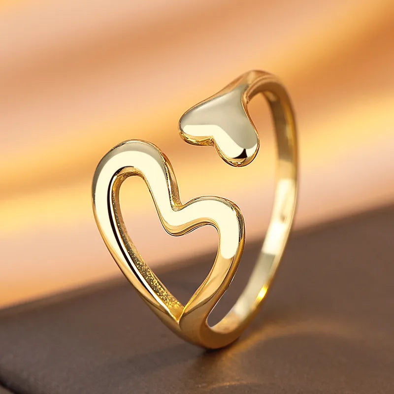 Sterling Silver Hollow Heart Adjustable Ring Adjustable Opening Yellow Gold