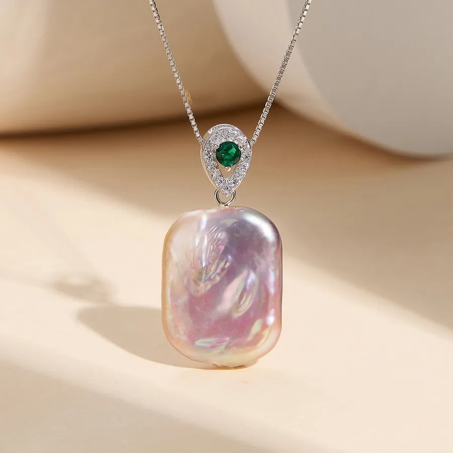 925 Silver Pearl & Zircon Teardrop Pendant Necklace Silver Purple Rectangular Baroque Pearl