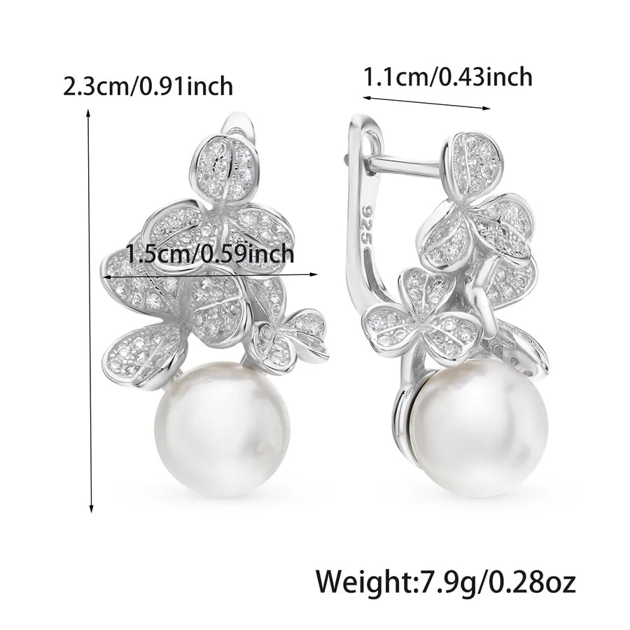 White Gold Plated Pearl Flower Drop Earrings