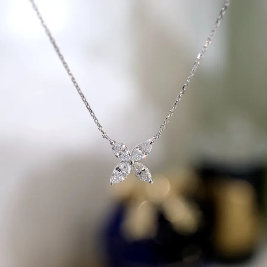 925 Sterling Silver Flower Pendant Necklace with Rhinestones