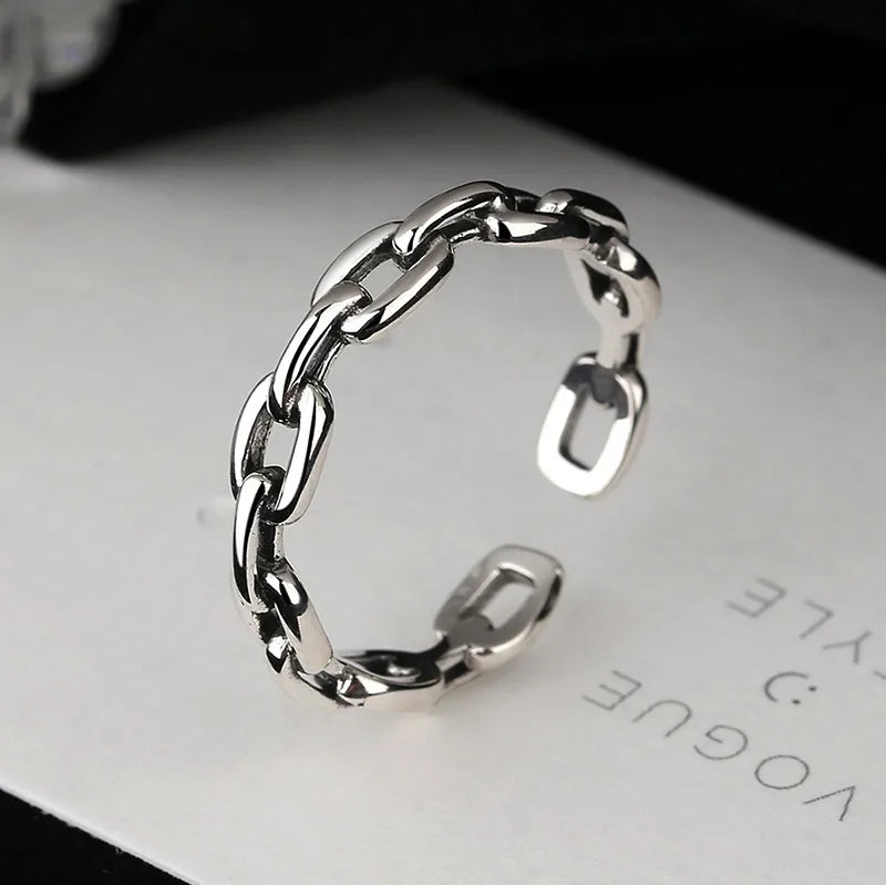 925 Silver Geometric Chain Ring for Women Adjustable Opening Platinum
