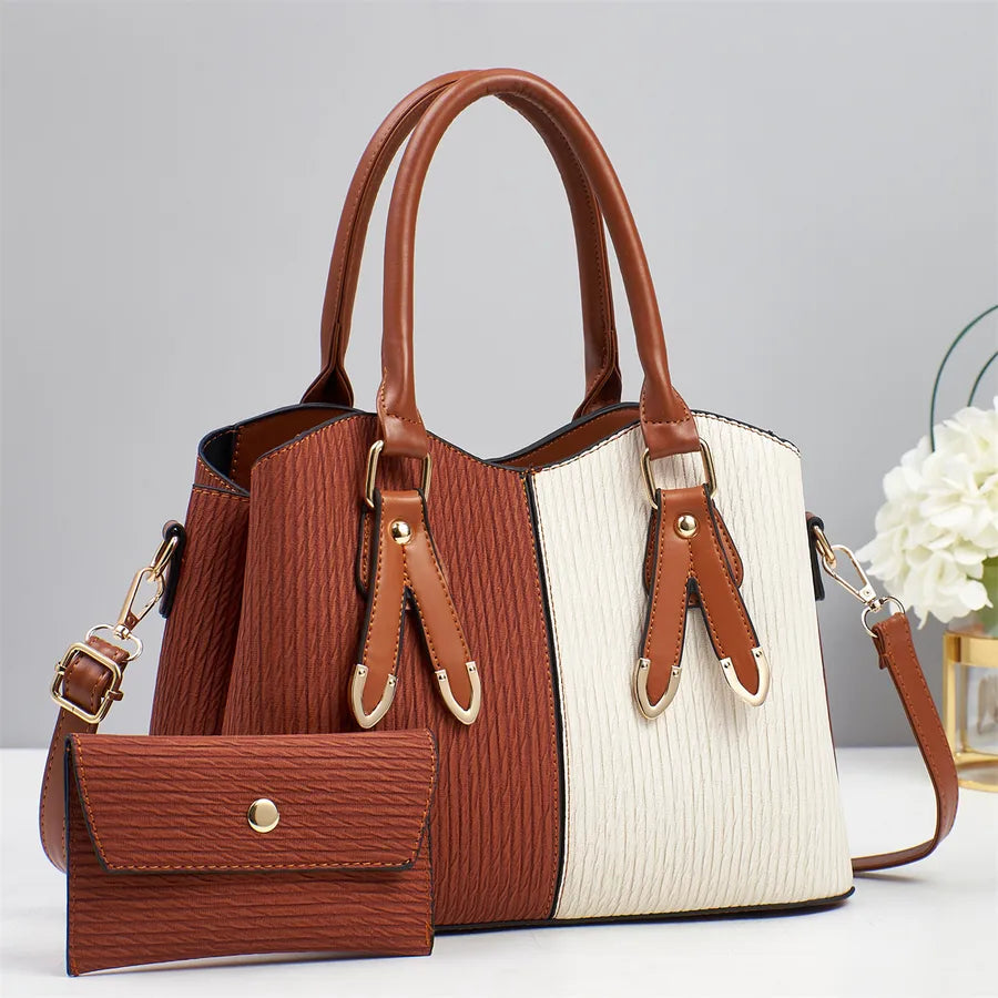 Color Block PU Shoulder Bag for Women Yellowish Brown with White