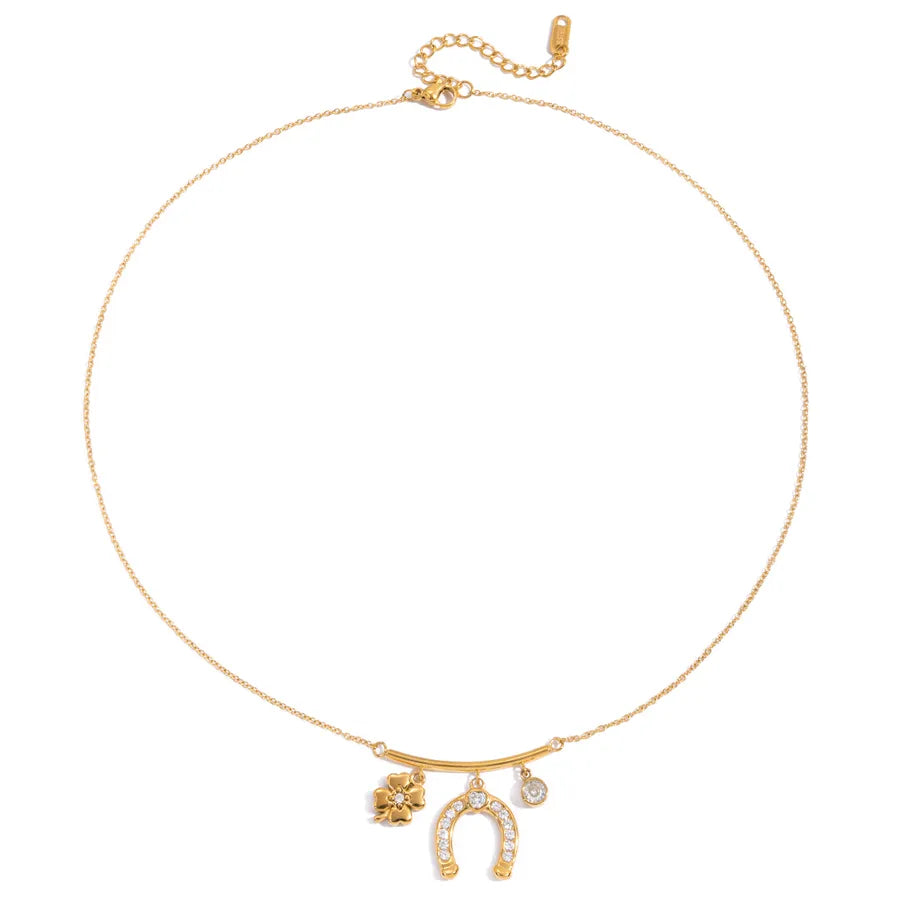 18K Gold Clover & Horseshoe Stainless Steel Necklace