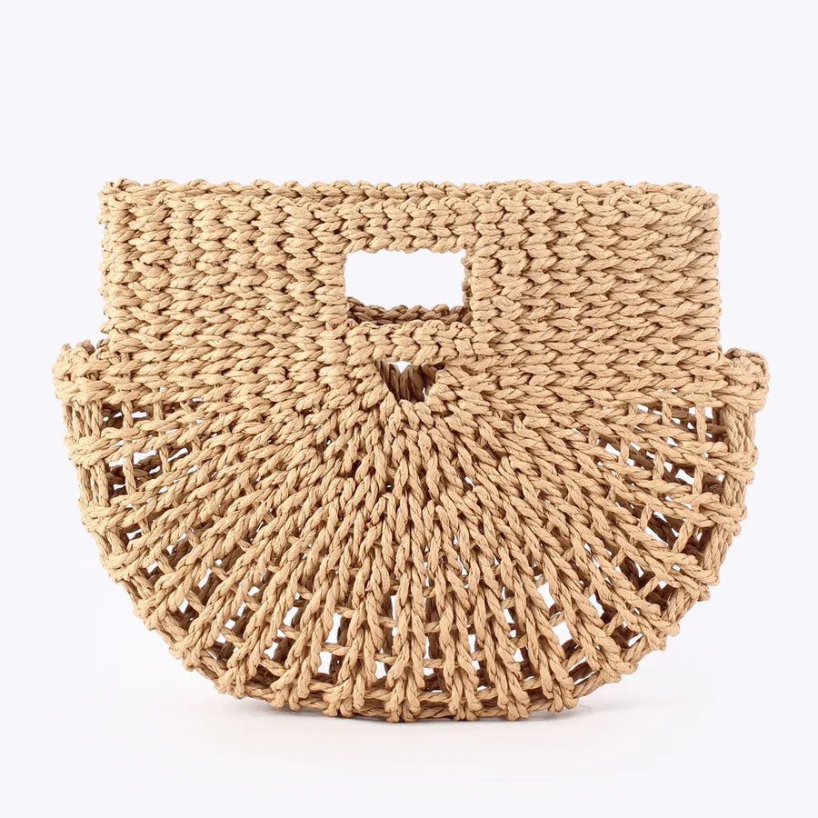 Woven Summer Handbag – Multicolor Semicircle Tote Camel