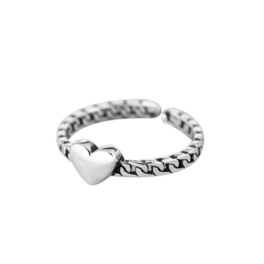 925 Sterling Silver Heart Open Ring Adjustable Opening Solid Retro Ring