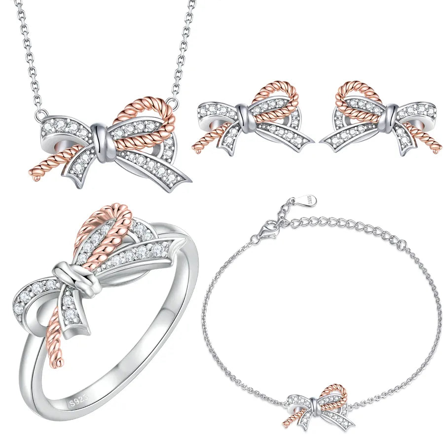 Sterling Silver Bow Jewelry Set – Necklace, Earrings, Bracelet Ring TL-581+earrings TLED181+necklace TLXL213+bracelet TLSL014