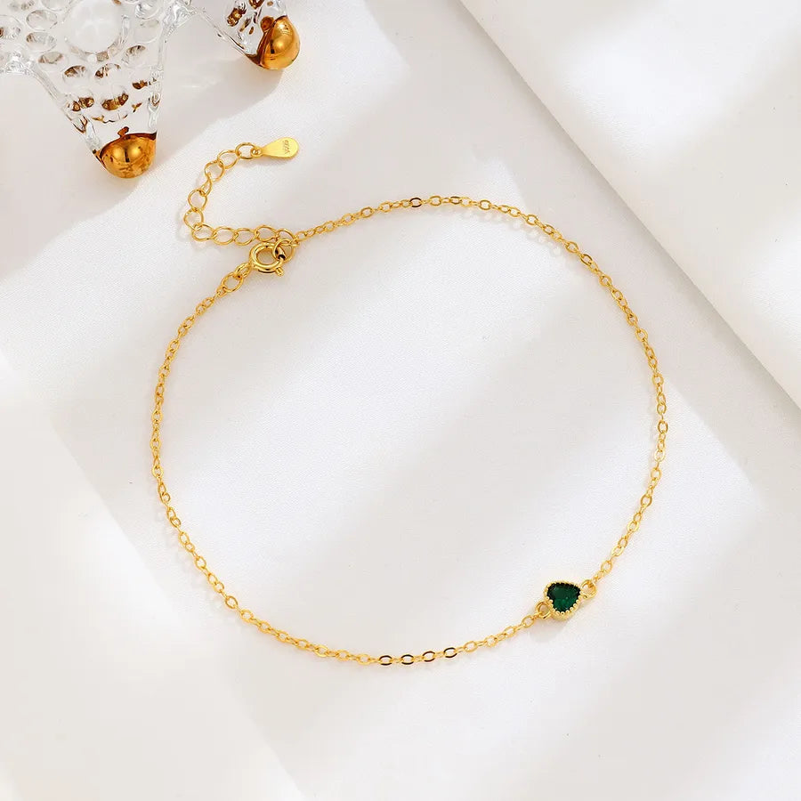 Sterling Silver Green Zircon Heart Anklet Gold 925 Silver