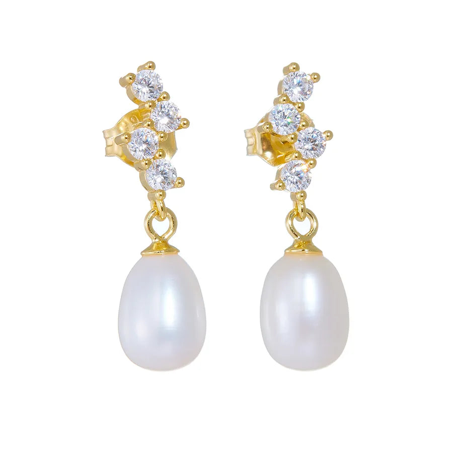 925 Silver Pearl & Zircon Irregular Drop Earrings One Size Gold