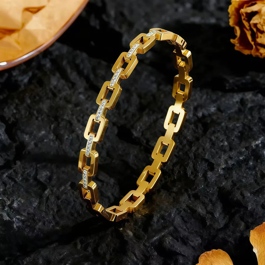18K Gold Plated Titanium Steel Square Bracelet Average Size Gold Square with Diamond