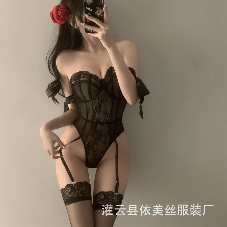 Women's Lace Lingerie Set with Stockings Extra Large [Recommended 140-160】 Black