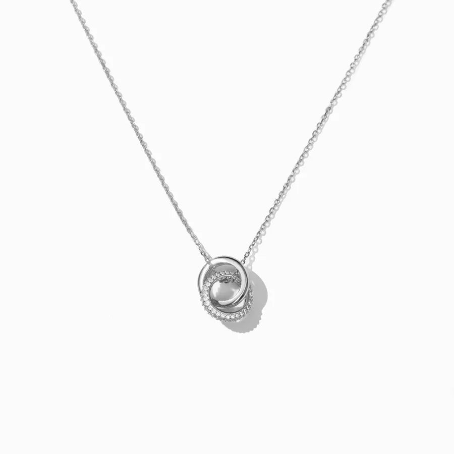 Sterling Silver Double Ring Pendant Necklace White Gold Color (40 + 5cm) 925 Silver
