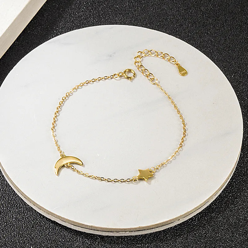 Minimalist Star & Moon Sterling Silver Bracelet Gold