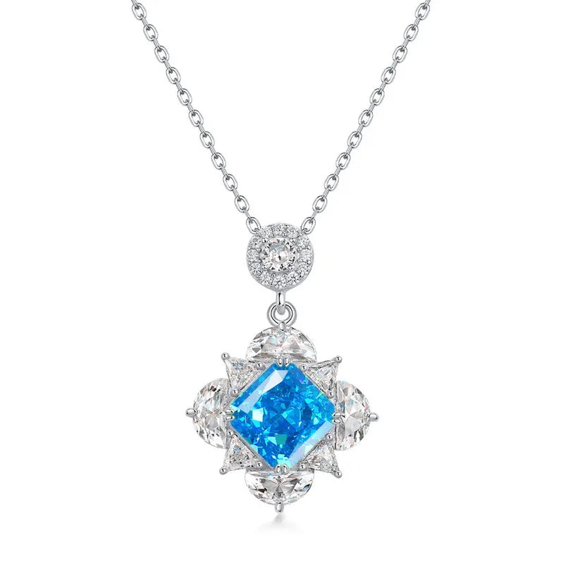 Sterling Silver 12ct Ice Flower Diamond Pendant Blue