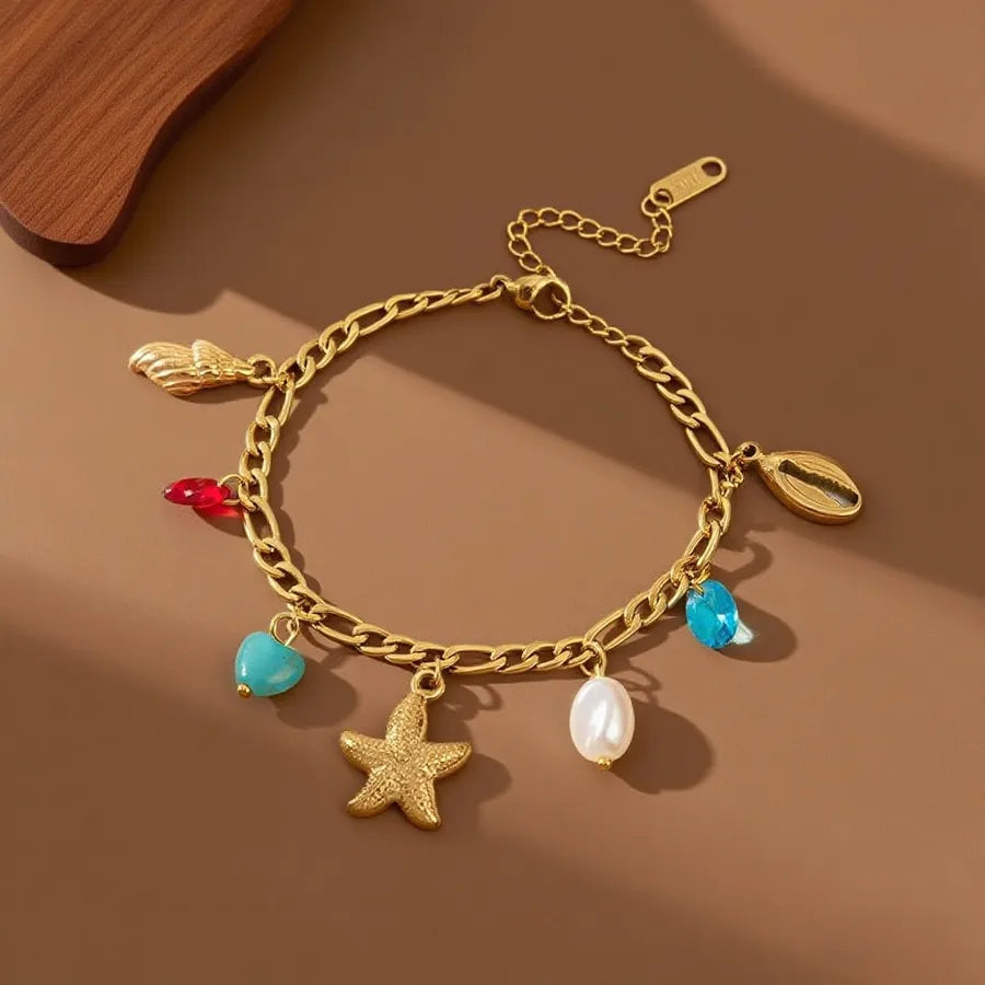 Titanium Steel Starfish Shell Pendant Necklace S02110-Pearl Color Diamond Starfish-Bracelet- Gold