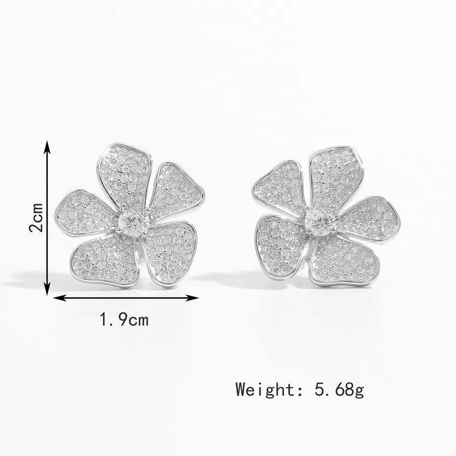 White Gold Plated Sterling Silver Floral Stud Earrings