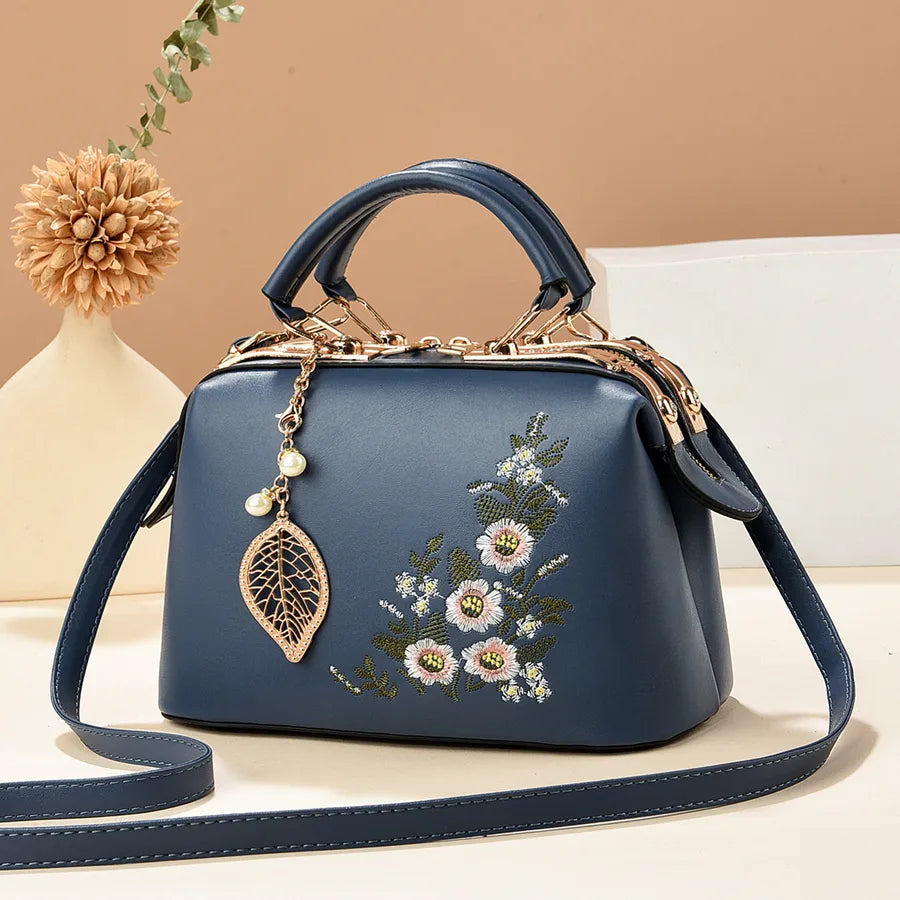 Floral Embroidered Retro PU Leather Shoulder Bag Dark Blue 24*12*15CM