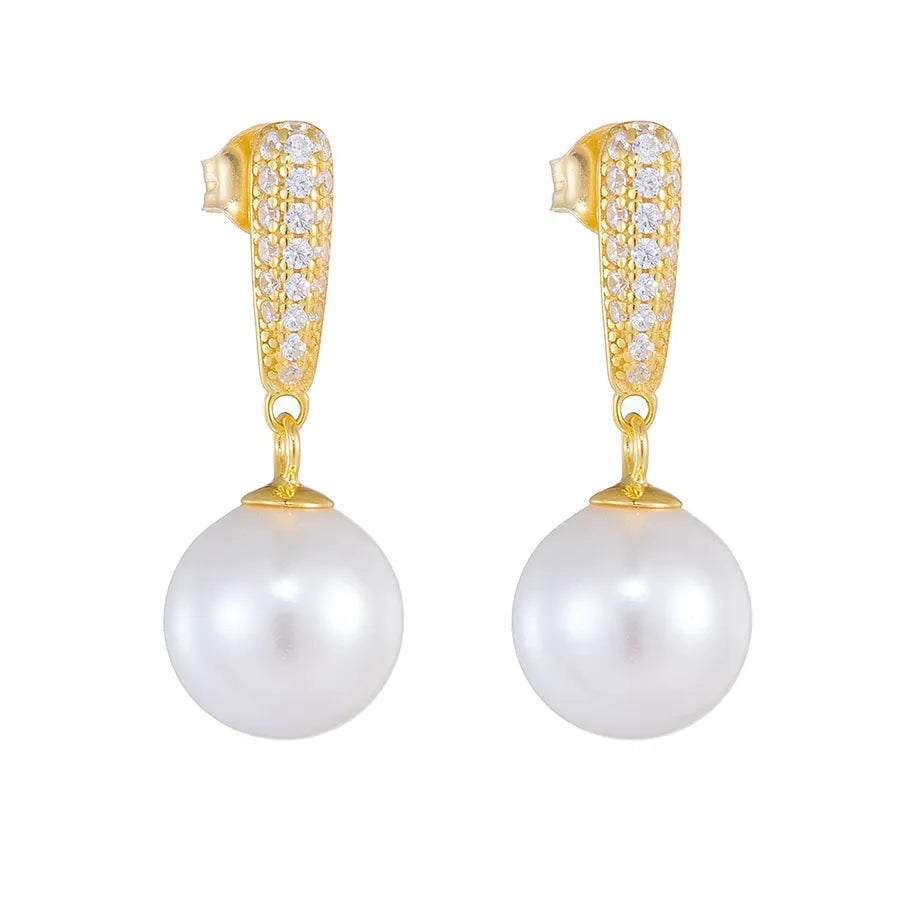 925 Silver Pearl & Zircon Drop Earrings One Size Gold