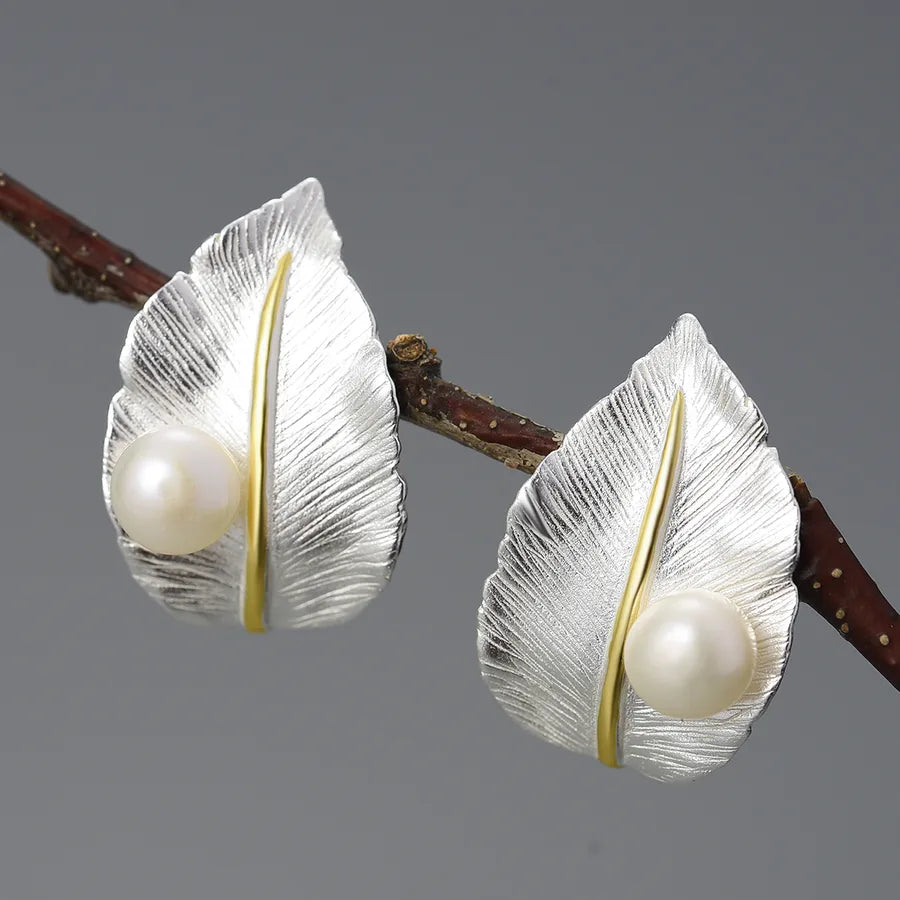 925 Silver Pearl Leaf Stud Earrings Silver Color Separation