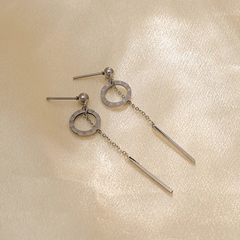 Stainless Steel Roman Numeral Tassel Stud Earrings