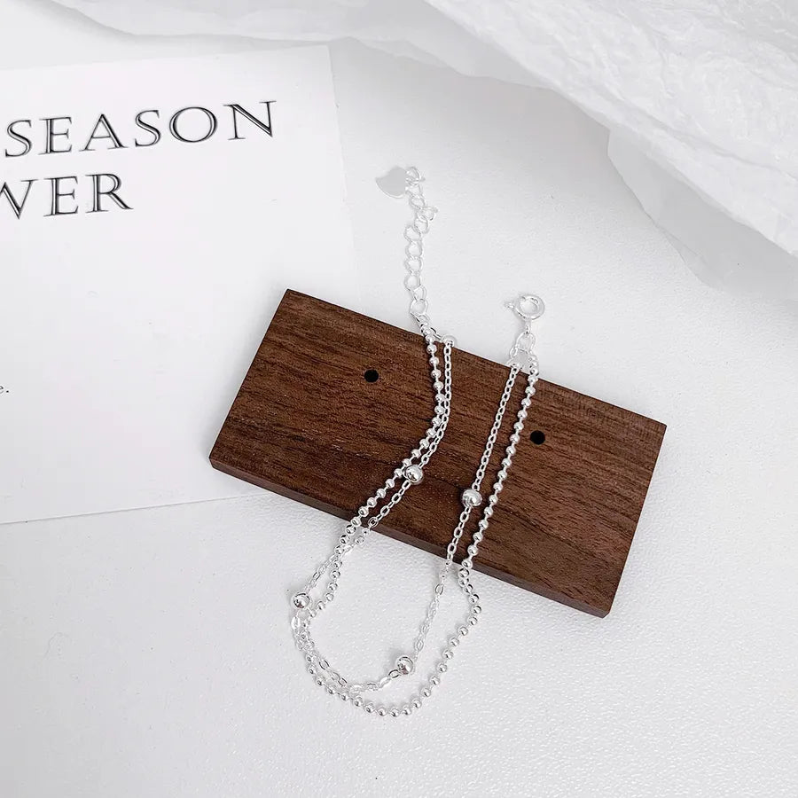 Double Layer Sterling Silver Beaded Bracelet Plain Silver 925 Silver