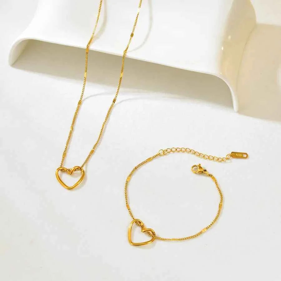 18K Gold Plated Hollow Heart Necklace & Bracelet Set