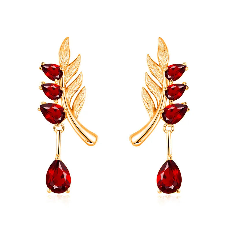 Sterling Silver Leaf Crystal Necklace Set EH0084 Gold Color-5 Garnet 925 Silver