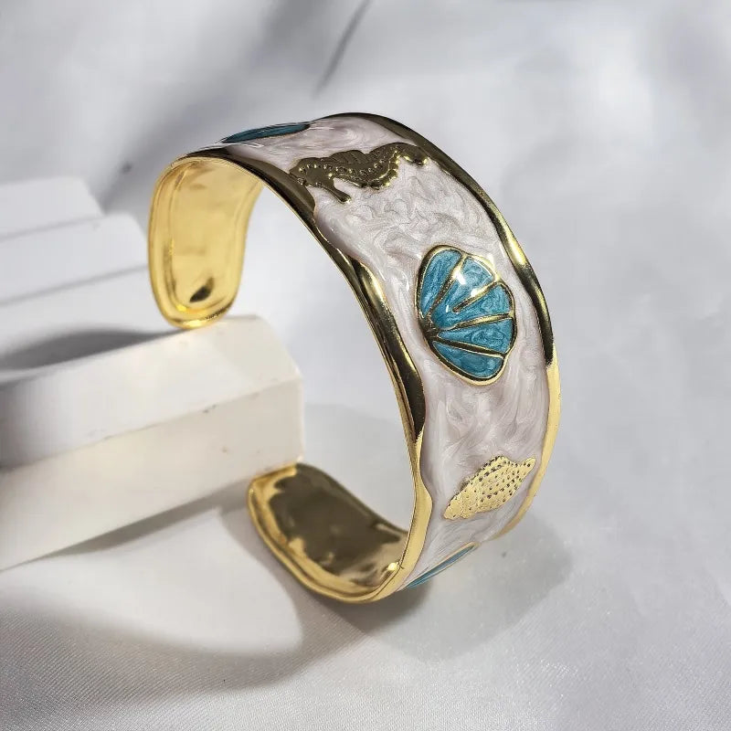 Gold Starfish & Shell Stainless Steel Bangle Blue Shell