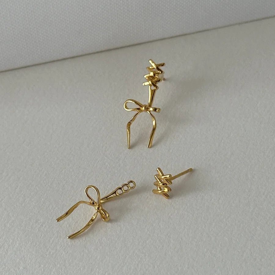 925 Silver Zircon Bow Drop Earrings Gold 925 Silver