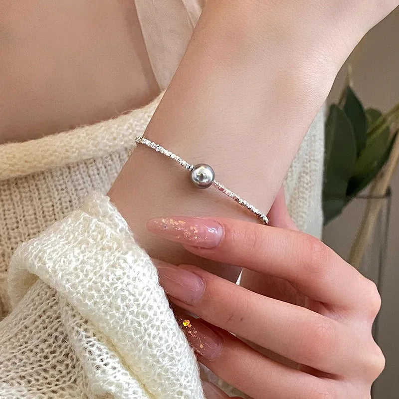 925 Sterling Silver Geometric Beaded Bracelet C83 Gray Pearl Bracelet 925 Silver (Imitation Pearl)