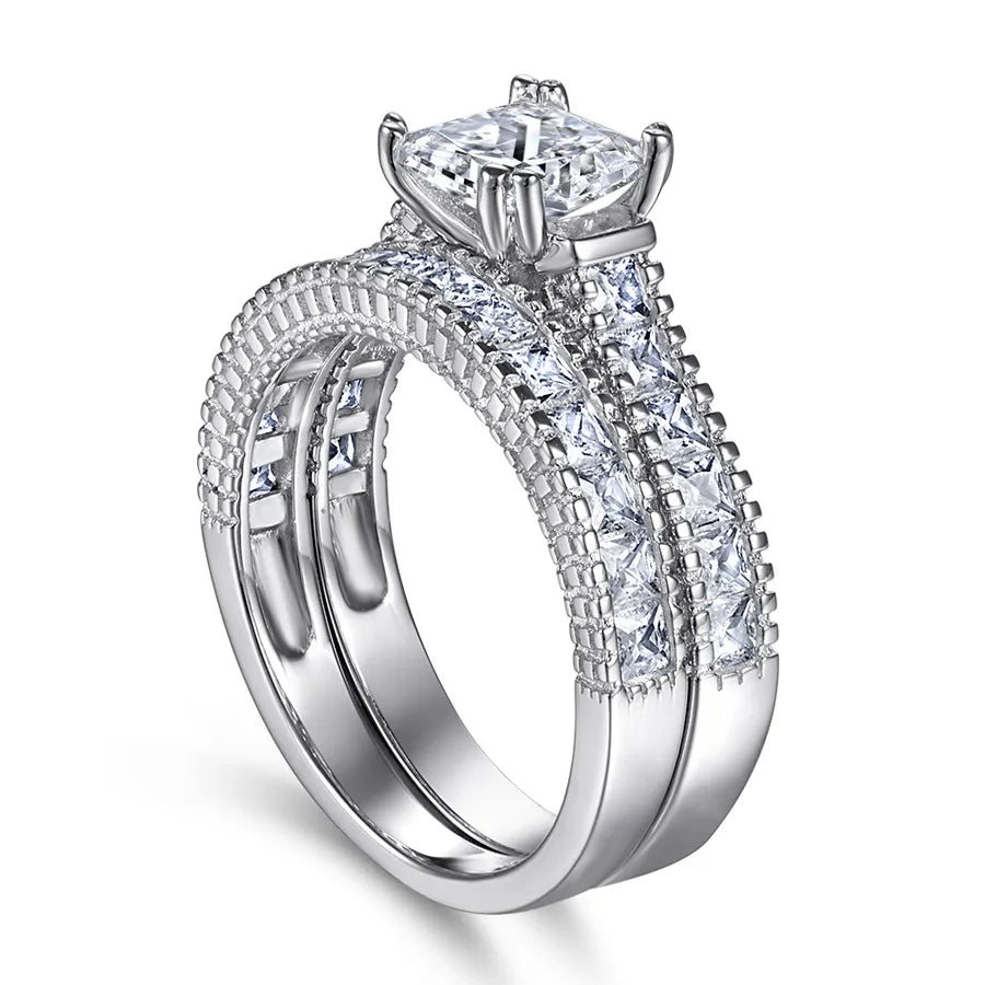 Sterling Silver Square Zirconia Ring Set
