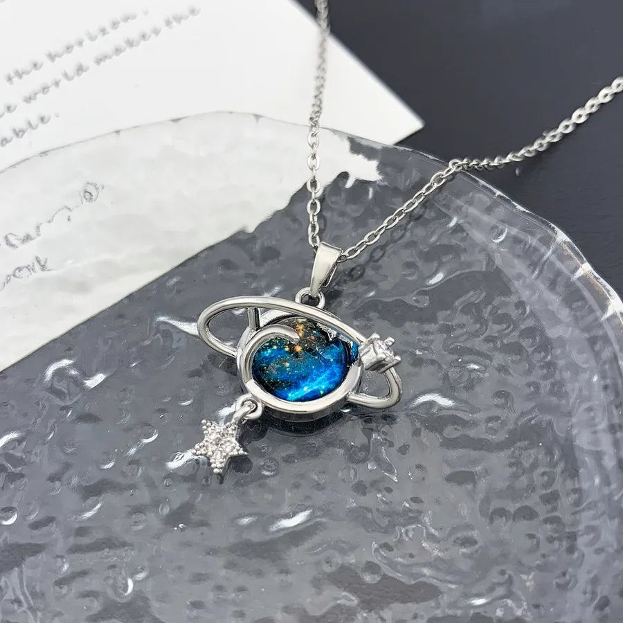Starry Sky Planet Zircon Pendant Necklace XL3525 Star Embracing Planet Necklace Silver