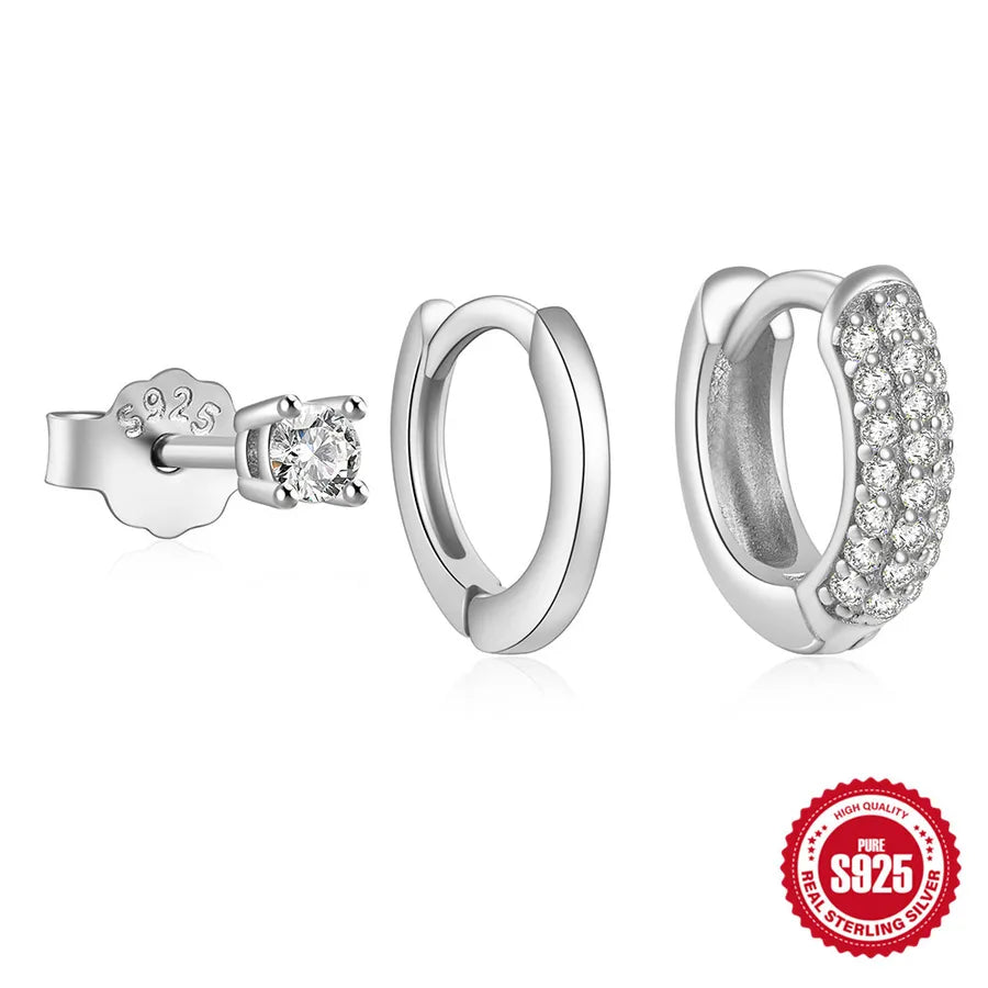 3-Piece 925 Sterling Silver Geometric Zircon Earrings 3 Pieces Per Set-White Gold 925 Silver
