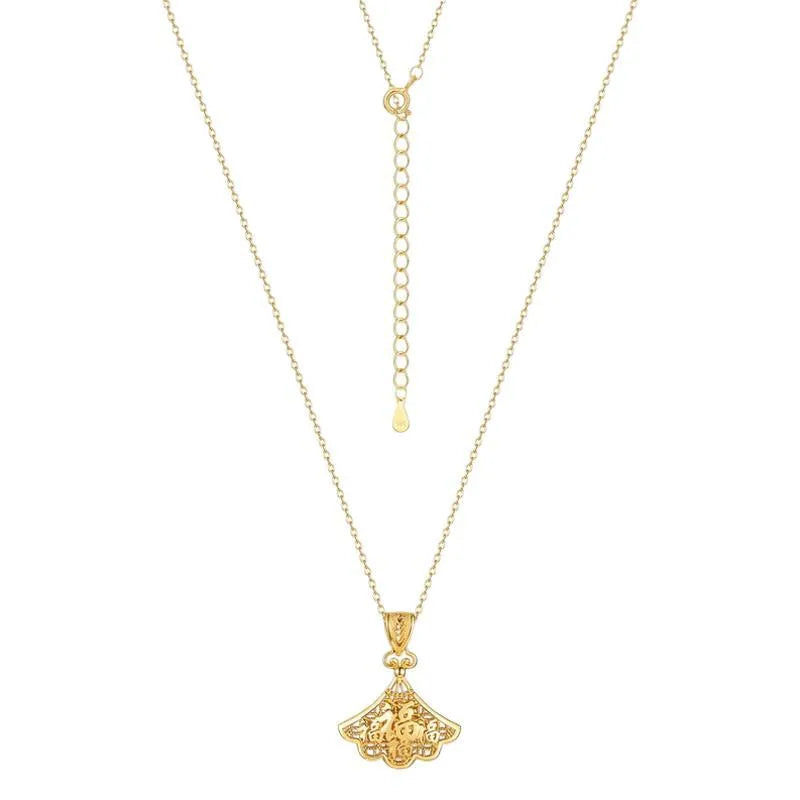 Gold Fan Pendant Necklace in 925 Sterling Silver