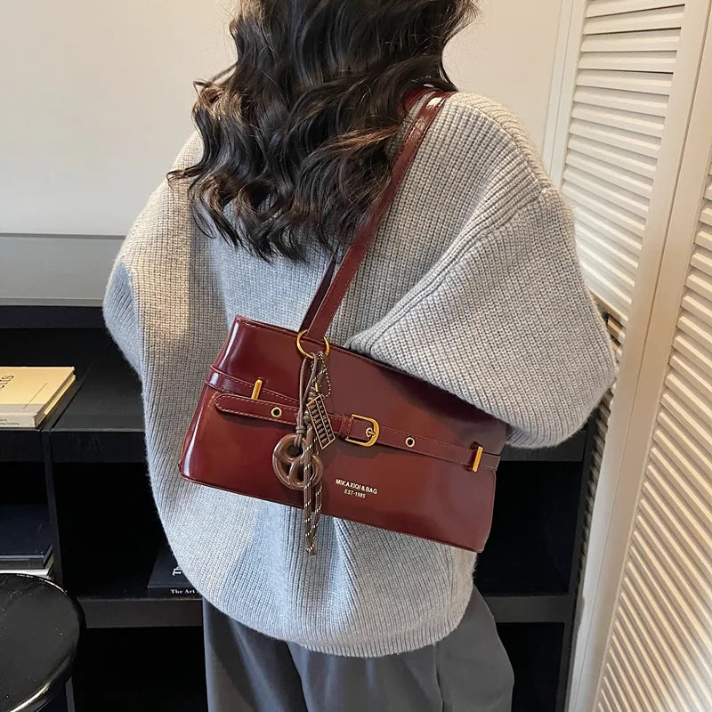 Glossy Faux Leather Shoulder Bag with Buckle Detail - Smiling Maria - Everything For Women
