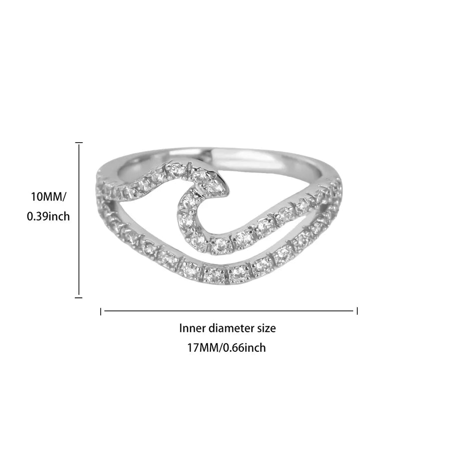 Gold Stainless Steel Wave Ring with Pearl & Zircon 8