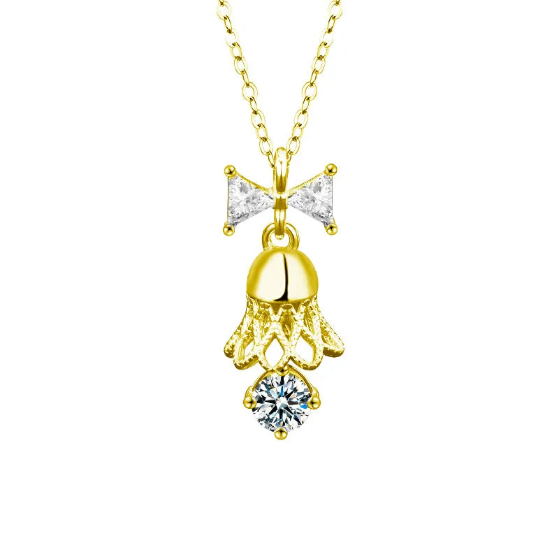 Sterling Silver Christmas Bell Pendant Necklace Bow Bell Necklace (Gold) 30 Points Moissanite (925 Silver)