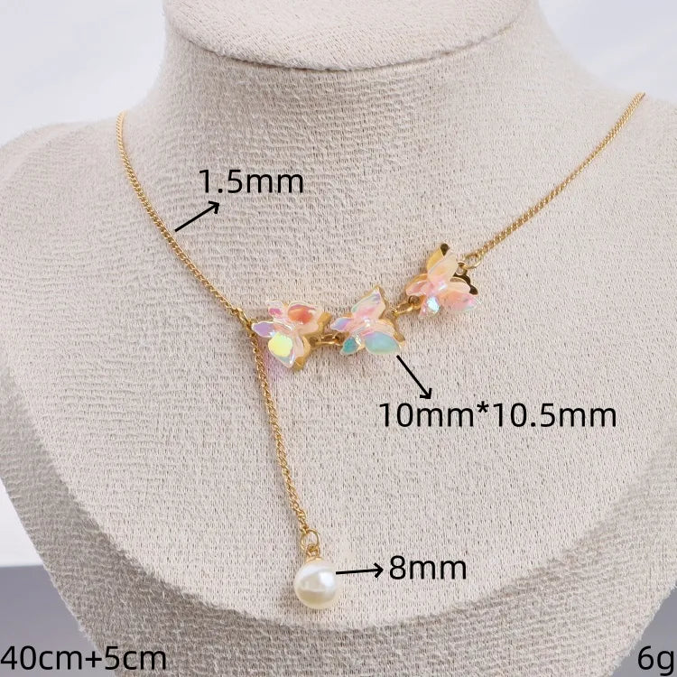 Gold Butterfly Pendant Necklace with Pearl Chain