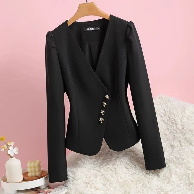 Women's V-Neck Bubble Sleeve Blazer Jacket Black